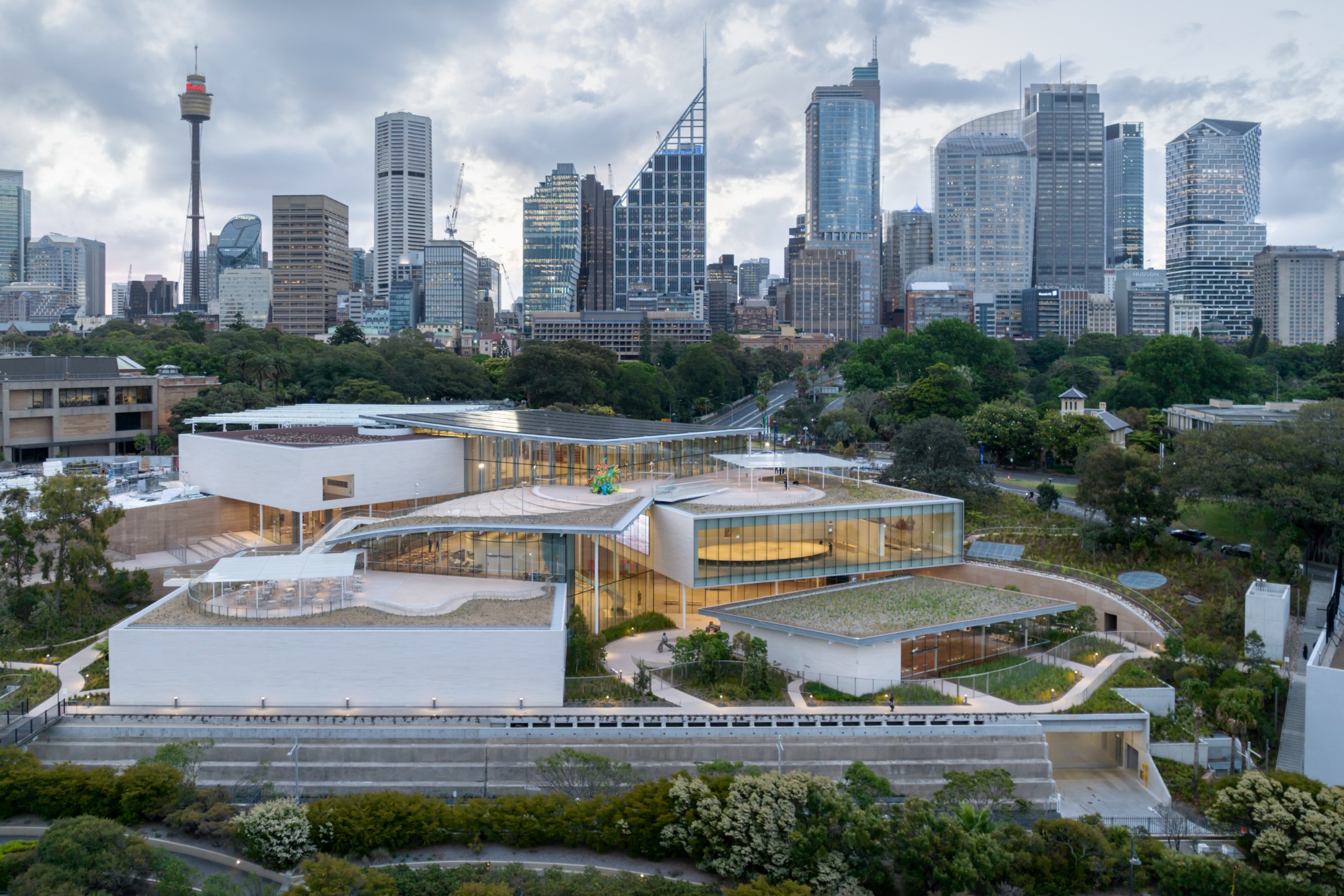Aerial view of Sydney Modern with Sydney skyline in background